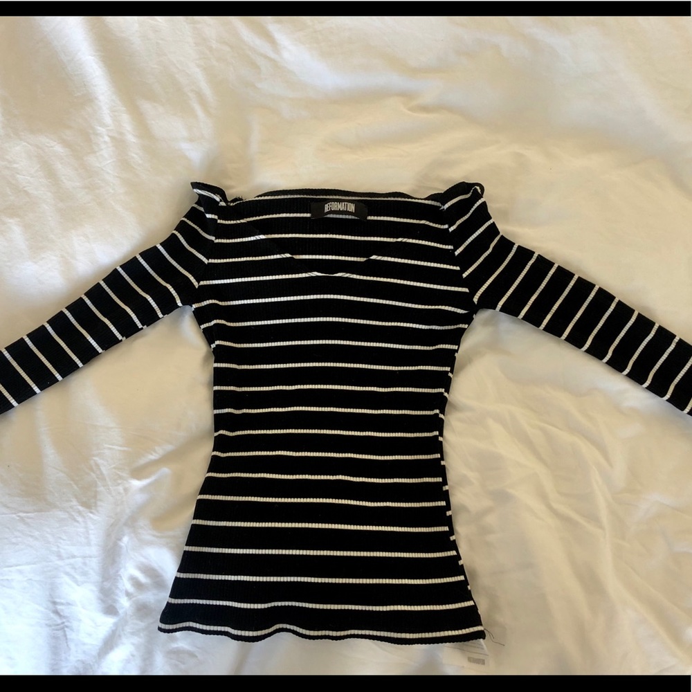 Reformation off-the-shoulder black and white top